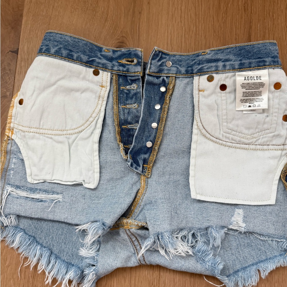 Agolde Size 24 Denim Blue High-Waisted Distressed Shorts - Picture 5 of 5